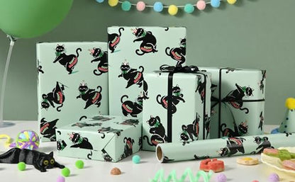 Sikiweiter Funny Black Cat Birthday Wrapping Paper Roll, 17 Inch x 16.5 Feet, Gift Wrap with Happy Birthday Text, Mint Green Background, Fun Kitty Birthday Paper(Funny Black Cat Birthday) - color: Funny Black Cat Birthday