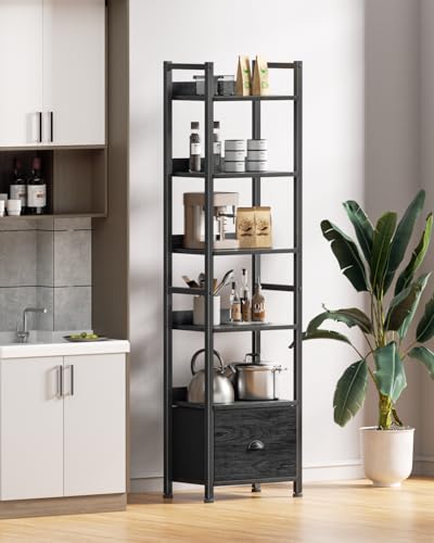 Furologee 6 Tier Bookshelf with Drawer, Tall Narrow Bookcase, Black Oak - color: Black Oak, size: 6 Tier