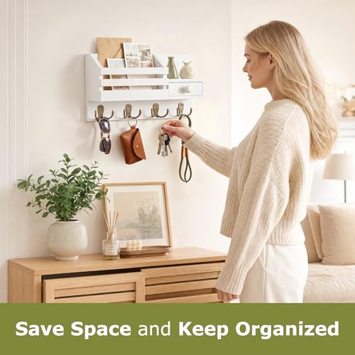 Key Holder Wall Mount, Wooden Key and Mail Organizer, White - color: White