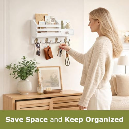 Key Holder Wall Mount, Wooden Key and Mail Organizer, White - color: White