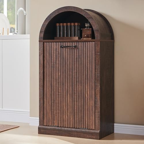 IFGET Arch Tilt-Out Trash Can Cabinet, Fluted Kitchen Trash Can 10 Gallon with Open Shelf, Modern Laundry Hamper Cabinet, Hidden Garbage Can with Storage Basket for Living Room, Kitchen Brown - color: Brown