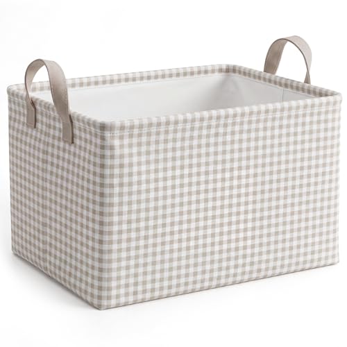 Hushee Khaki Gingham Basket Checkered Storage Collapsible Bin with Handles - color: Khaki