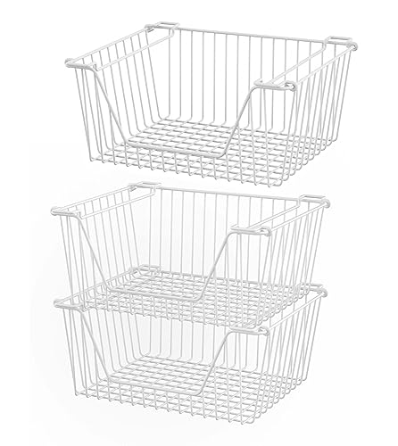 Stackable Wire Metal Baskets Cabinet Organizer Sturdy Metal Wire Pantry Freezer Bin with Handle for Kitchen Fruit Vegetable Organization, White, 3Packs - size: 14"Lx 10.8"Wx 6.1"H - White