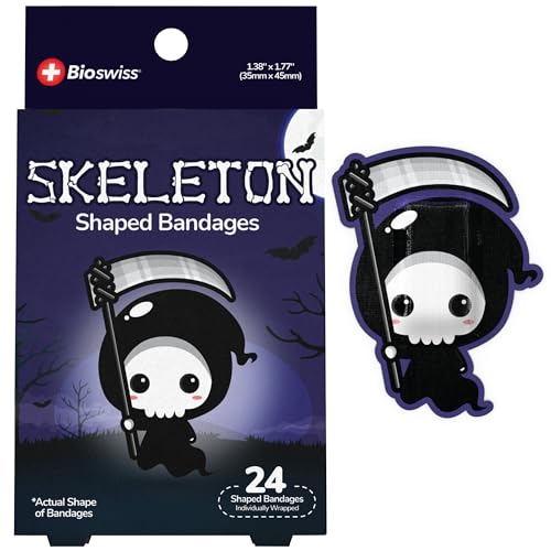 BioSwiss Bandages, Halloween Skeleton Shaped Self Adhesive Bandage Set, Latex Free, Sterile Wound Care, 24 Count - size: 24-Count Box, style: Skeleton