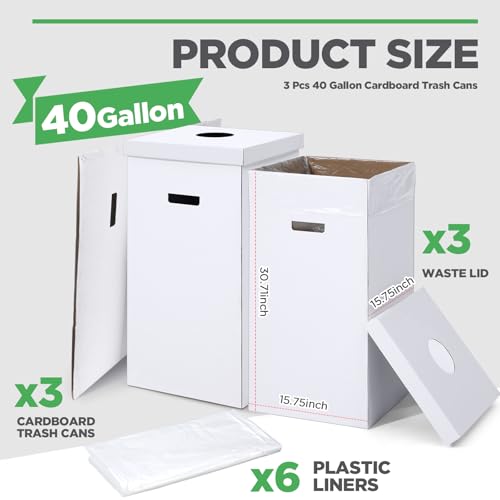 3 Pcs Disposable Cardboard Trash Cans with Lids and Bags, 40 Gallon - size: 40 Gallon