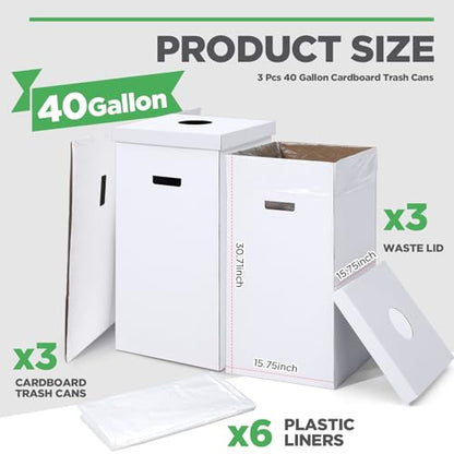 3 Pcs Disposable Cardboard Trash Cans with Lids and Bags, 40 Gallon - size: 40 Gallon