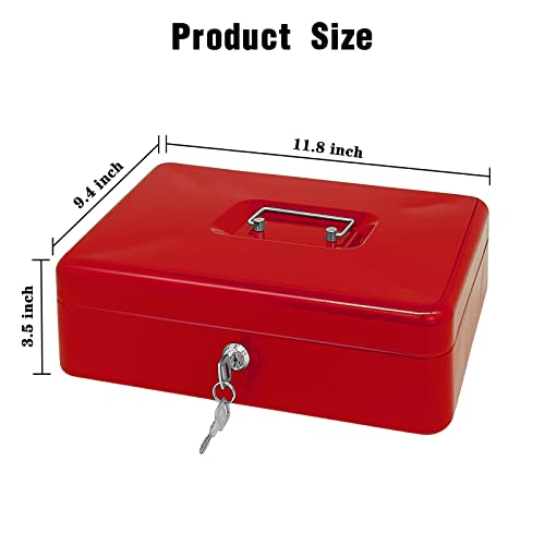 Steel Cash Box with Key Lock, Metal Small Money Organizer with Money Tray,Cash Storage Box with Lockable Cover (Red - 12 inch) - color: Red - 11.8" x 9.4" x 3.5"