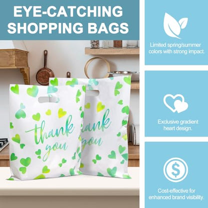 WAKAKO Bulk 100 Green Thank You Shopping Bags with Handles – Durable Plastic Retail Bags for Business Small, Boutique, Gifts, Merchandise (X-Large 18"x16") – Fits Clothing, Home Goods - size: X - Large