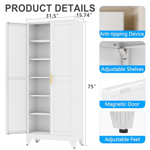 pozdeg 75" White Steel Tall Garage Storage Cabinet - color: White, size: 15.74"D x 31.5"W x 75"H