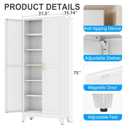 pozdeg 75" White Steel Tall Garage Storage Cabinet - color: White, size: 15.74"D x 31.5"W x 75"H