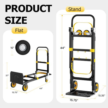 3 in 1 Folding Hand Truck, 600lbs Capacity Dolly Cart Industrial Convertible Heavy Duty with Retractable Handle and 4 Rubber Wheels, Collapsible Cart for Moving Home, Office, Warehouse - color: Black-600