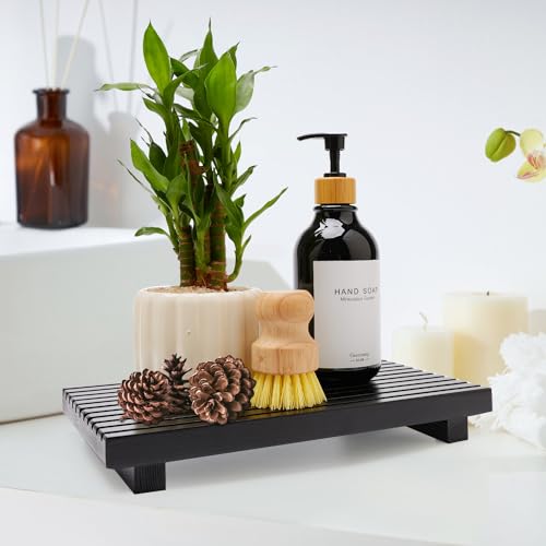Black Bathroom Counter Tray Organizer Wood Riser Stand Kitchen Soap Holder - color: Black, size: 12x6.7 inch