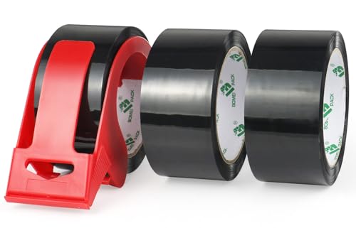 BOMEI PACK 3 Rolls Black Heavy Duty Packing Tape with red Dispenser, Packaging Tape 1.88 Inches x 55Yards, 2.5mil Industrial Shipping Tape for Moving Shipping, Office & Storage - color: black