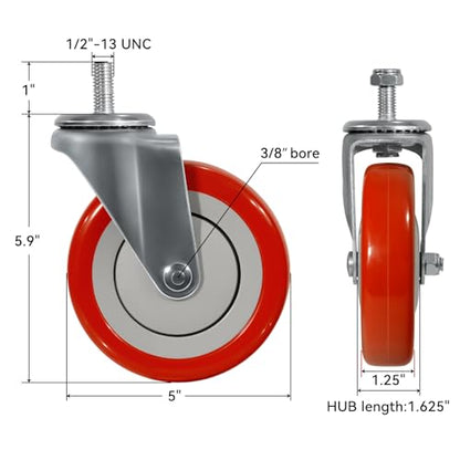 5'' Stem Caster Wheels, Replacement Polyurethane Shopping Cart Wheels for Cart, Heavy Duty Swivel Industrial Casters Set of 4 with Load 1400lbs (4 Swivel) - style: 5 inch Red