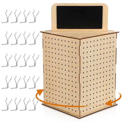 Barydat Rotating Pegboard Display Stand with Hooks, 4 Sided Revolving Jewelry Organizer Stand 11.8 x 15.8 In with Blackboard for Retail Display Trade Show Craft Shows Keychain Vendor Events(Natural)