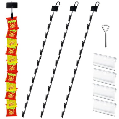 Dafftos Hanging Merchandise Strips with Hooks Chip Display Rack Stands Potato Bag Holder 12 Clips for Retail 32 inches Displaying Black Label Headers Card Snacks Metal 4 Pack - style: 12 Chip 4 Pack