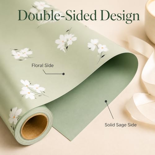 Ulmasinn Reversible Wrapping Paper Roll - 17” x 16.4 Ft, Double Sided Floral & Light Green for Gift Wrapping, Wedding, Baby Shower, Birthday - color: Light Green Floral