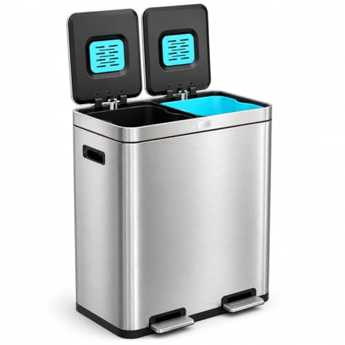 Home Zone Living 16 Gallon Kitchen Trash Can with Dual Compartments - color: Silver, size: 16 Gallon
