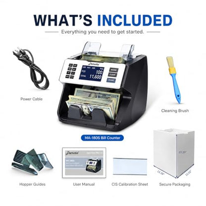 MA-180S Bill Counter Machine - Mixed Denomination Money Counter with Value Count, CIS Sensor, Serial Number Recognition, UV/MG/IR Counterfeit Detection, Bank-Grade Currency Counter for Business