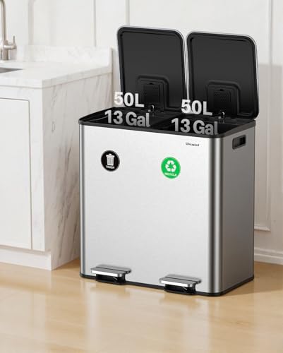 Dual Trash and Recycling Bins for Kitchen, 2×13 Gallon (2× 50L) Stainless Steel Trash and Recycle Bin Combo with Soft-Close Lid, Large Garbage Cans for Kitchen Home with 2 Magnets Sticker, Silver - color: Silver
