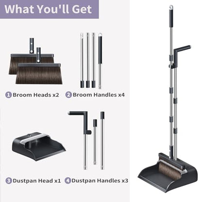 Broom and Dustpan Set, 51.6" Long Handle Broom with Dustpan Combo Set with Dustpan Teeth & Two Broom Heads, Brooms with Dust Pan for Sweeping Indoor Home Kitchen Office Lobby Pet Hair