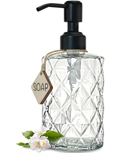 JASAI Diamond Design 12 Oz Glass Soap Dispenser with Black Pump - color: Clearglass-black Pump, style: Diamond