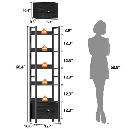 Furologee 6 Tier Bookshelf Set of 2,Industrial Bookshelves and Bookcases - color: Black Oak, size: 6 Tier-2 PCS