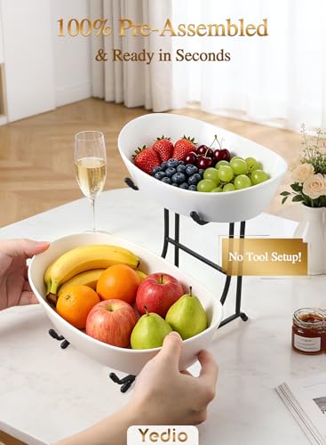 2 Tier Ceramic Fruit Bowl for Kitchen Counter with Black Metal Stand - color: Black, size: 2 Tier