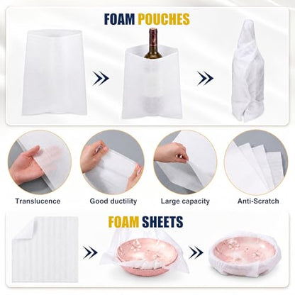 750 Pcs Packing Supplies for Moving 300 Cushion Foam Pouches 4 Sizes (16x12", 12x12", 12x8", 8x8") 75 Pcs 12x12" Foam Sheets with 375 Fragile Stickers for Moving Dish Glass Storage Transport