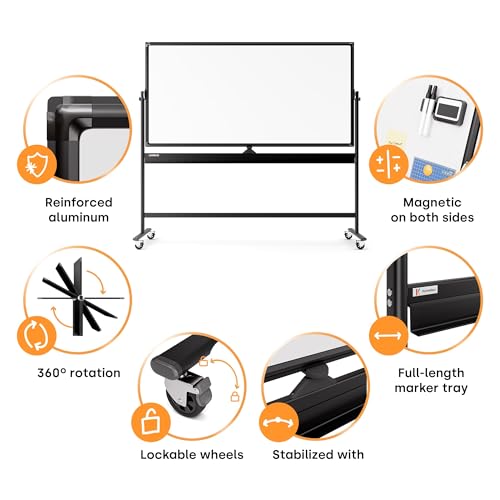 Kamelleo Rolling Whiteboard on Wheels 70" x 36", Double Sided White Board - color: Jet Black, size: 70x36