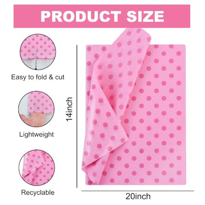 BEISHIDA Pink Tissue Paper Bulk, Polka Dot Wrapping Tissue Paper for Gift Bags, 14 x 20 Inch Gift Wrap for Girls Party Princess Party Baby Birthday DIY Crafts,50 Sheets - color: dot50-hpink