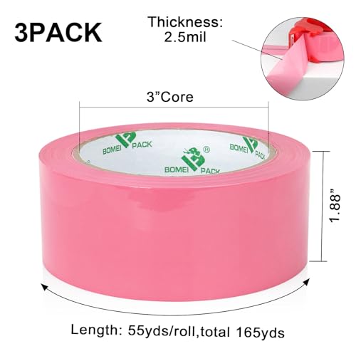 BOMEI PACK Pink Packing Tape, 1.88'' x 55yds Per Roll,3 Rolls Heavy Duty Packaging Tape with Dispensers for Packing Shipping Moving and Sealing - color: pink