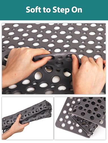 Extra Large Shower Mat, Yonala 47 x 32 Inch Non Slip Shower Mats for Inside Shower, Soft TPE Shower Floor Mat with Suction Cups and Drain Holes, Machine Washable Bathroom Shower Mat, Easy to Clean - color: Gray