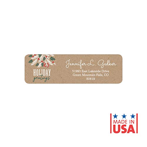 Holiday Faux Kraft Rolled Address Labels/Roll of 500 Personalized Return Address Labels/Designer Return Address Stickers in Elegant Plastic Dispenser - size: 500 Labels, style: Holiday Faux Kraft