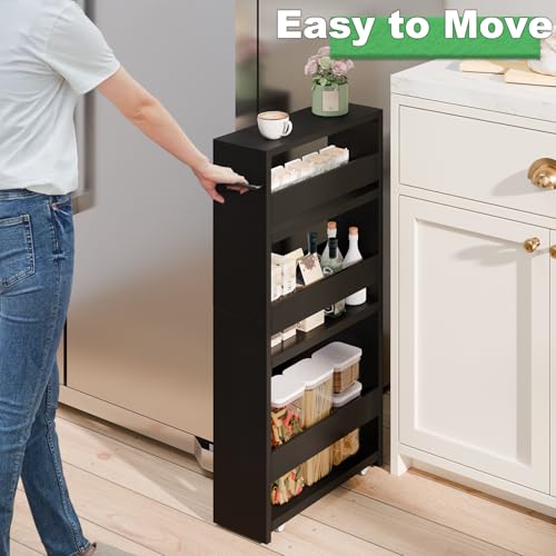 MARTY Slim Rolling Storage Cart, Wood Utility Kitchen Bathroom Laundry Cart - color: Black, size: 5.51"D x 15.75"W x 31.5"H