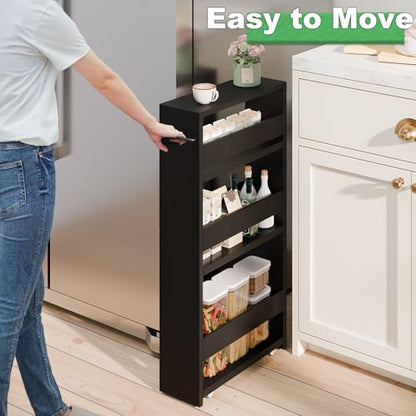 MARTY Slim Rolling Storage Cart, Wood Utility Kitchen Bathroom Laundry Cart - color: Black, size: 5.51"D x 15.75"W x 31.5"H
