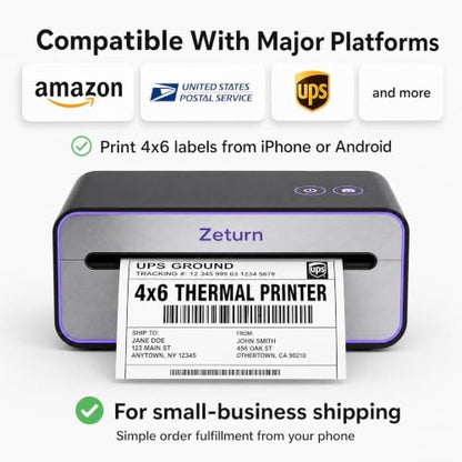 4x6 Thermal Shipping Label Printer, Bluetooth Wireless