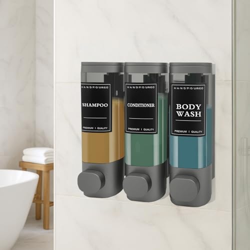 3-Chamber Wall Mount Shower Dispenser, No-Drill or Drill Install for Shampoo, Conditioner, Body Wash, Refillable Soap Dispenser for Home, RV & Hotel, Eco-Friendly & Compact (Gunmetal Gray) - color: Gunmetal Gray