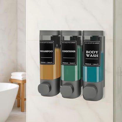 3-Chamber Wall Mount Shower Dispenser, No-Drill or Drill Install for Shampoo, Conditioner, Body Wash, Refillable Soap Dispenser for Home, RV & Hotel, Eco-Friendly & Compact (Gunmetal Gray) - color: Gunmetal Gray