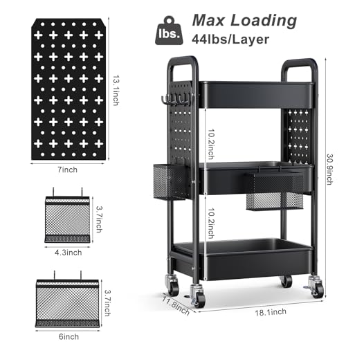 3 Tier Black Rolling Storage Cart Metal with DIY Pegboard and Wheels - color: Classic Black, size: 3 Tier+Pegboard