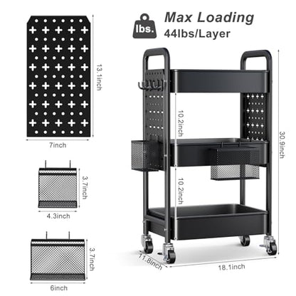 3 Tier Black Rolling Storage Cart Metal with DIY Pegboard and Wheels - color: Classic Black, size: 3 Tier+Pegboard