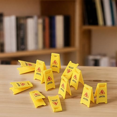 TIESOME 12Pcs Yellow Mini Caution Wet Floor Signs, Double Sided Safety Warning Sign Mini Traffic Sign for Indoor Outdoor Use