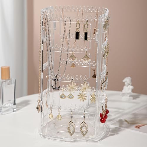 360° Rotating Jewellery Stand Organiser, Clear Display Earring Holder, 4 Tiers Jewellery Stand Necklace Stand Jewelry Dangle Earring Necklace Bracelet Display Rack Stand for Storage