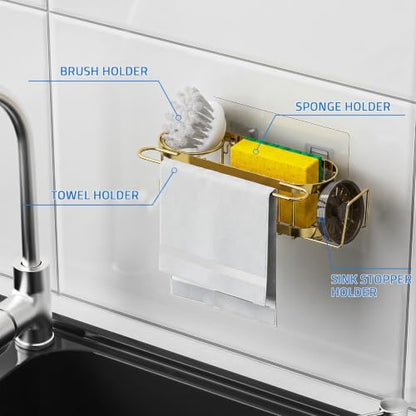 Cisily Kitchen Sink Caddy Sponge Holder in The Sink, Stainless Steel Kitchen Sink Organizer, Brush Holder, Dish Cloth Hanger, Sink Stopper Holder (Suction cup-Gold) - color: Suction cup-Gold