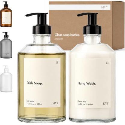 KIVY Glass Soap Dispenser Set 2X 16oz - incl. Waterproof Labels - with Pump - color: Glass