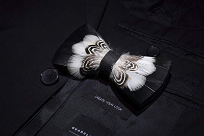 RBOCOTT Handmade Feather Pre-tied Bow tie and Brooch Sets for Men - color: White/Black1