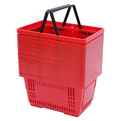 Shopping Basket, 17 * 12 * 9inch Set of 12 Freestanding Store Baskets w/Foldable Handle, Stackable Hand-held Basket for Supermarket, Retail, Bookstore, Red
