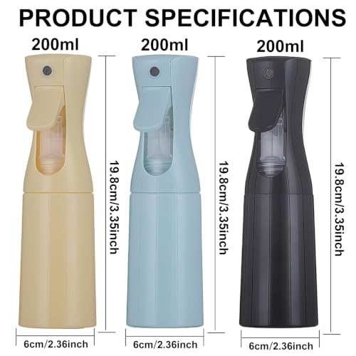 3 Pack Continuous Spray Bottle Atomizing Mister for Hair,Plants,Cleaning,Travel Fine Mist Water Spray Bottles for Styling,Refillable Empty Spray Bottles,Blue&Yellow&Black(200ml) - color: E