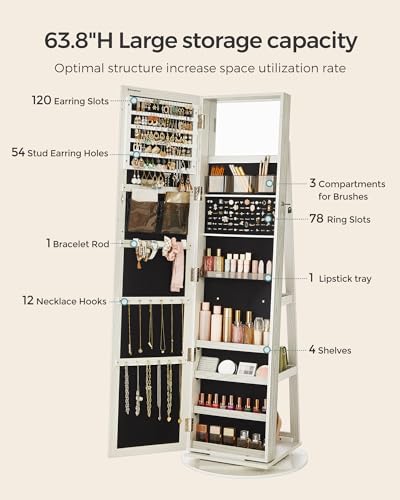 SONGMICS 360° Swivel Jewelry Cabinet, Full-Length Mirror, Lockable - color: White, style: Framed Mirror, Classic