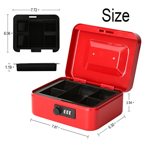 Cash Box with Money Tray, Parrency Medium Money Box with Combination Lock, 7 4/5" x 6 4/5" x 3 3/5", Red - color: Combo Red, size: Medium（7.87")